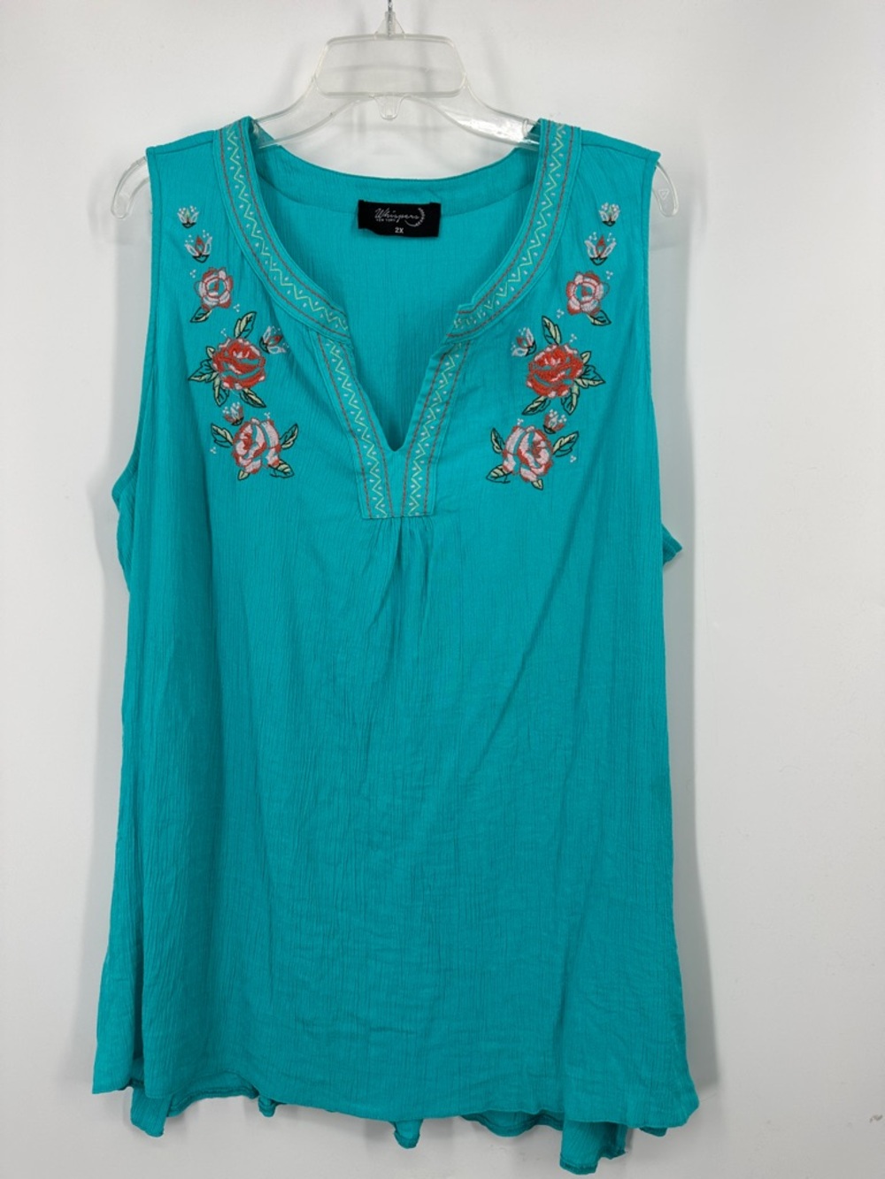 Blue/Teal Floral Roses Embroidered V-Neck Sleeveless Tank Top